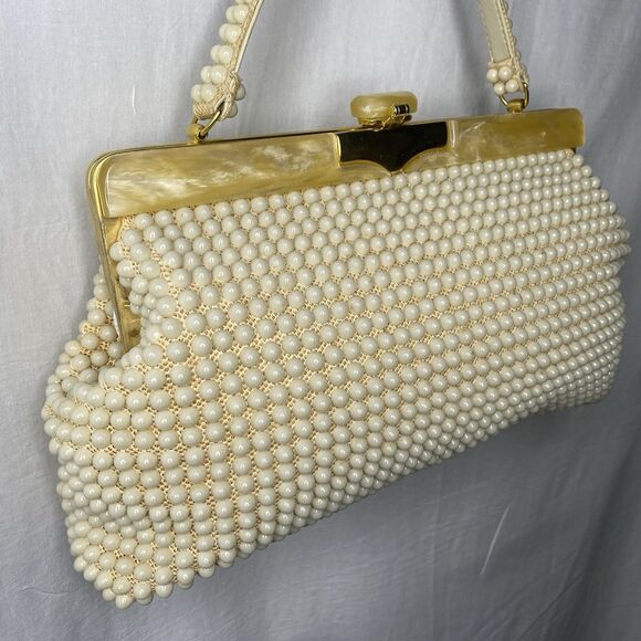 Vintage JEM Handbag Lucite Beaded Hand-Made British Hong Kong Cream Mid Century - Picture 4 of 16